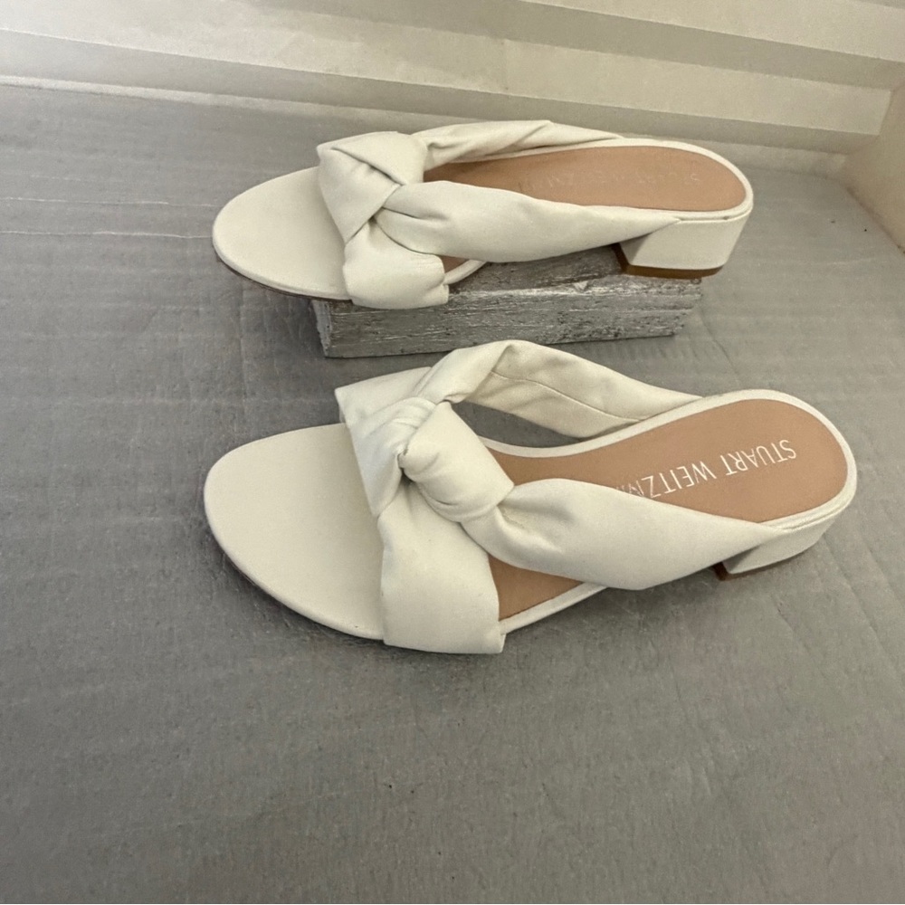 Stuart Weitzman White Braided Knot Slide Mules